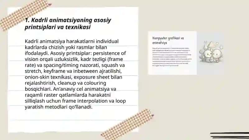 Kompyuter animatsiyasi usullari(Kadrli animatsiya. Harakatni o'zgartirish animatsiyasi. Shaklni o'zgartirish animatsiyasi(morphing).Dasturiy animatsiya 3
