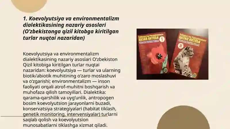 Koevolyustsiya Va environmentalizm dialektikasi (O’zbekistonga qizil kitobga kiritilgan hayvonlar va o’simliklar haqida ma’lumotlarni aniqlash) 3
