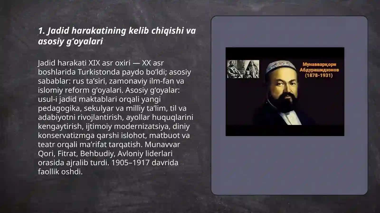 Jadid maʼrifatparvarlarining oʻlka ijtimoiy -maʼnaviy hayotida tutgan oʻrni (Munavvar qori, Fitrat, Behbudiy, Avloniy va boshqa.), "Qayta qurish" yillarida Oʻzbekistondagi ijtimoiy-siyosiy vaziyat 3