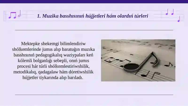 Muzıka basshısınıń hújjetleri mazmunı hám júrgiziliwi, orınlanıwı. 3