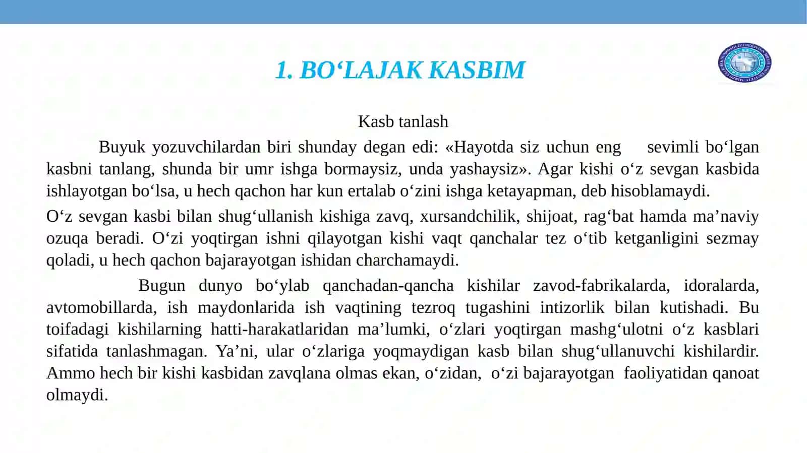 BO‘LAJAK KASBIM. MATN VA UNING KO‘RINISHLARI.DIALOGIK MATN VA UNING TURLARI 3