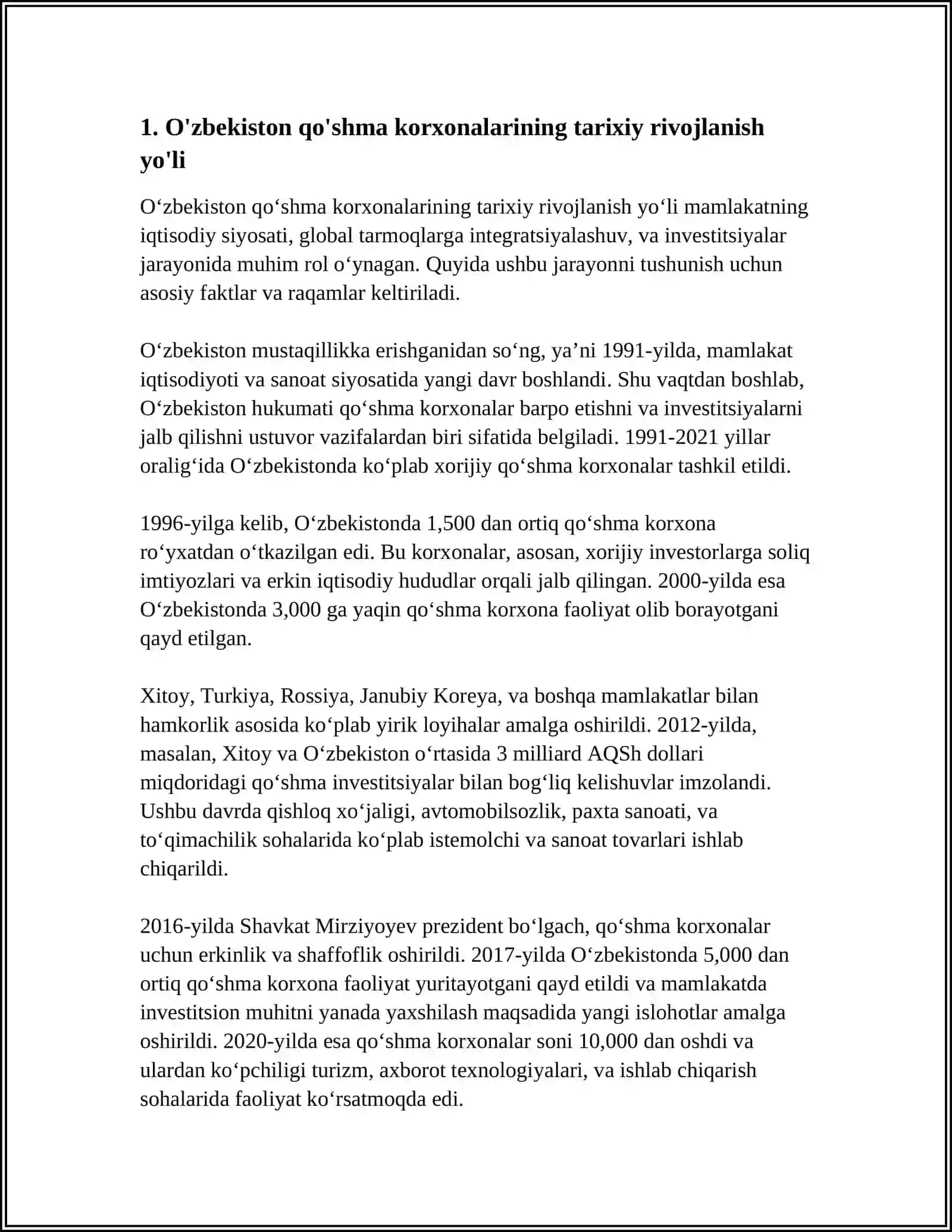 MUSTAQIL ISH Mavzu: OʻZBEKISTON QOSHMA KORXONALARINING OLDINGI VA RIVOJLANGAN HOZIRGI HOLATI 3