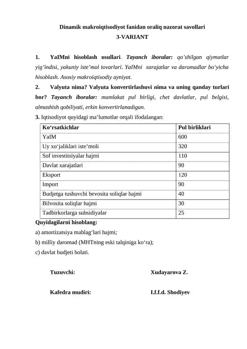 Dinamik makroiqtisodiyot fanidan oraliq nazorat savollari 1-VARIANT 3