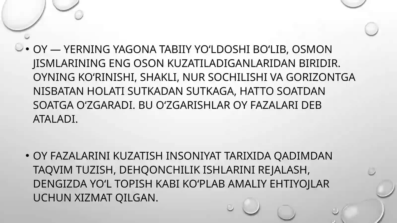Oy fazalarini kuzatish va Quyoshga nisbatan vaziyatlarini taxminiy belgilash 3