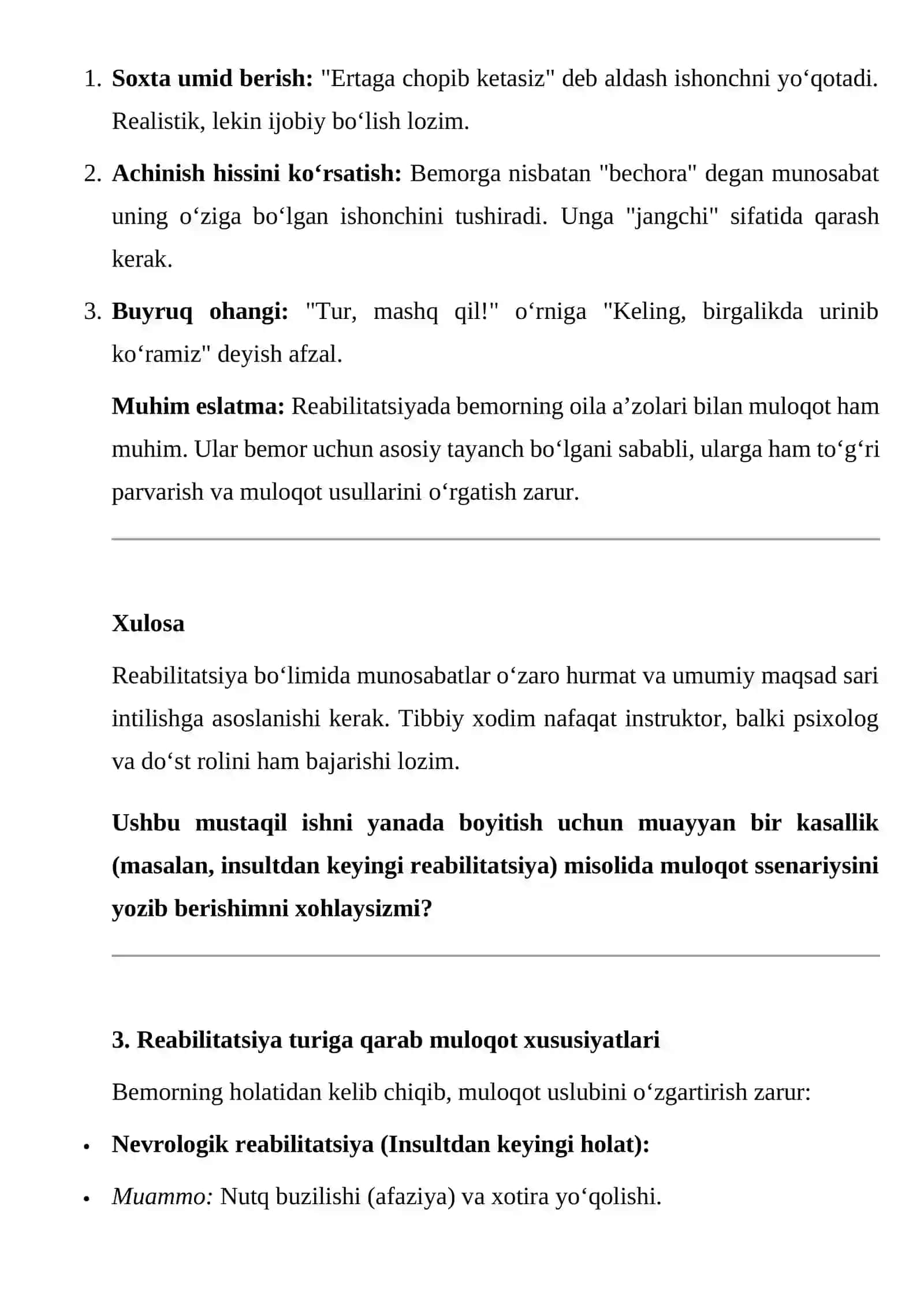 Reabilitatsiya bo‘limidagi bemorlar bilan munosabatda bo‘lish 3