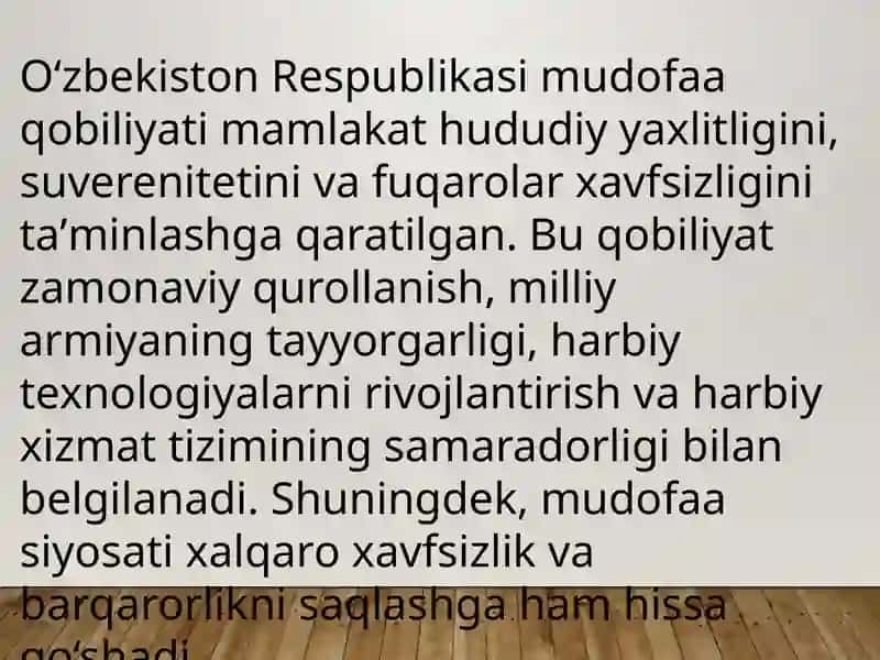 Oʻzbekiston Respublikasi mudofaa qobiliyati. Oʻzbekistonda madaniy obyektlar va ularning faoliyati tasnifi. Oʻzbekistonda itimoiy- iqtisodiy sohalarni innovatsion rivojlantirish va raqamlashtirish odimlari. Oʻzbekistonda ijtimoiy sohada amalga oshirilayotgan oʻzgarishlar. 3