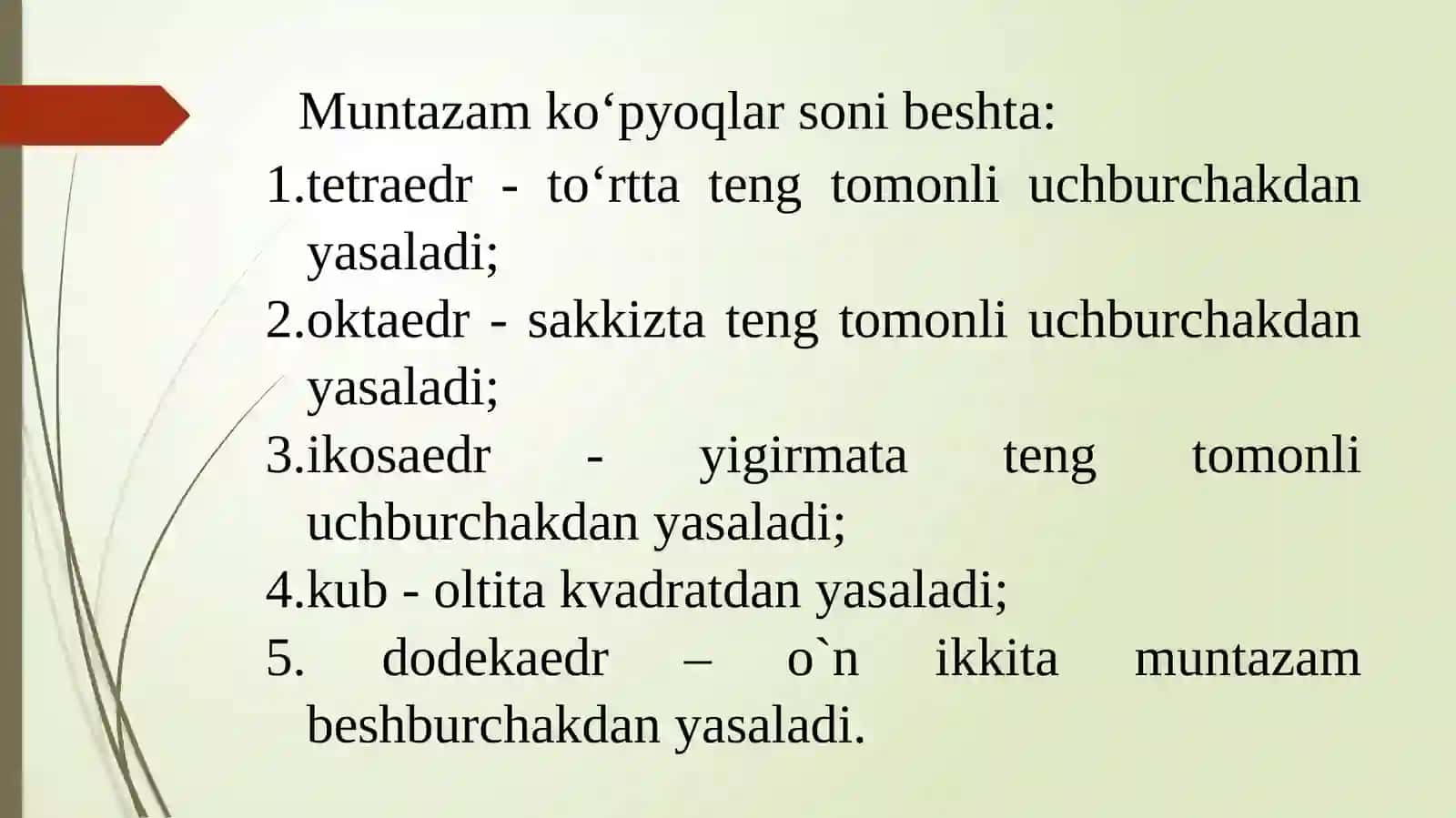Toʹgʹri chiziq va nuqtaning sirtlarga tegishliligi hamda sirtlarni tekislik bilan kesishu 3