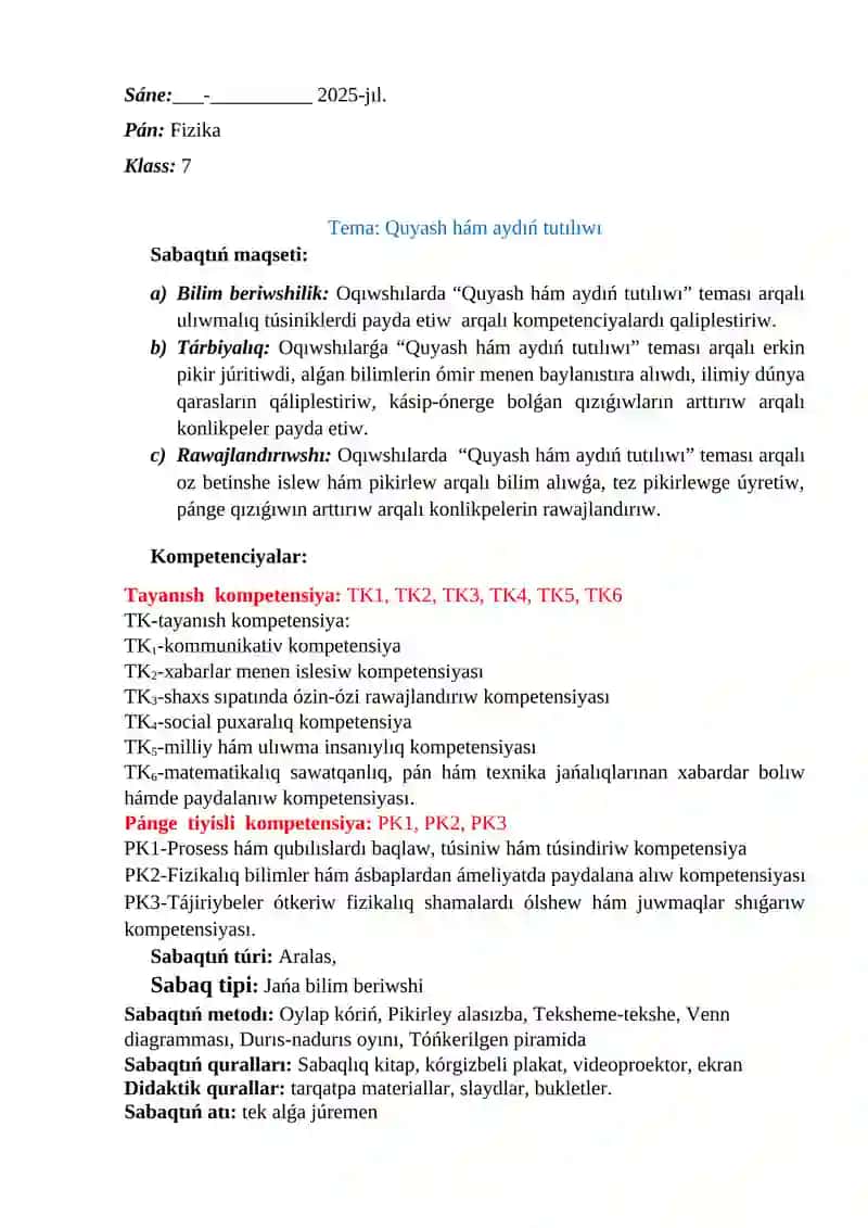 Quyash hám aydıń tutılıwı SABAQ ISLENBESI 3