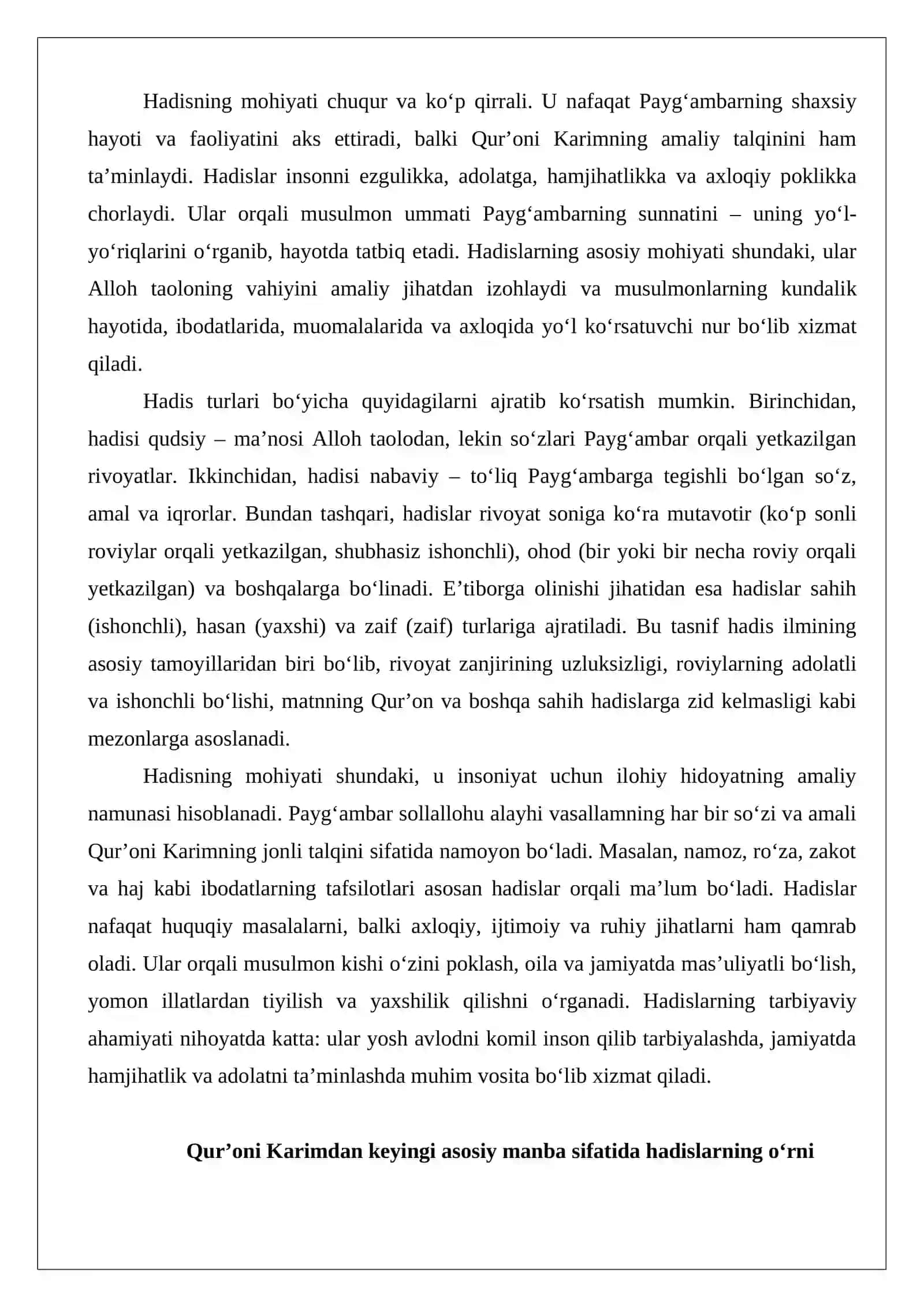 Hadis – Qur’ondan keyingi manba, hadis turlari: sahih, hasan, mavzu’, zaif, mutavotir, mashxur, aziz, ohod 3