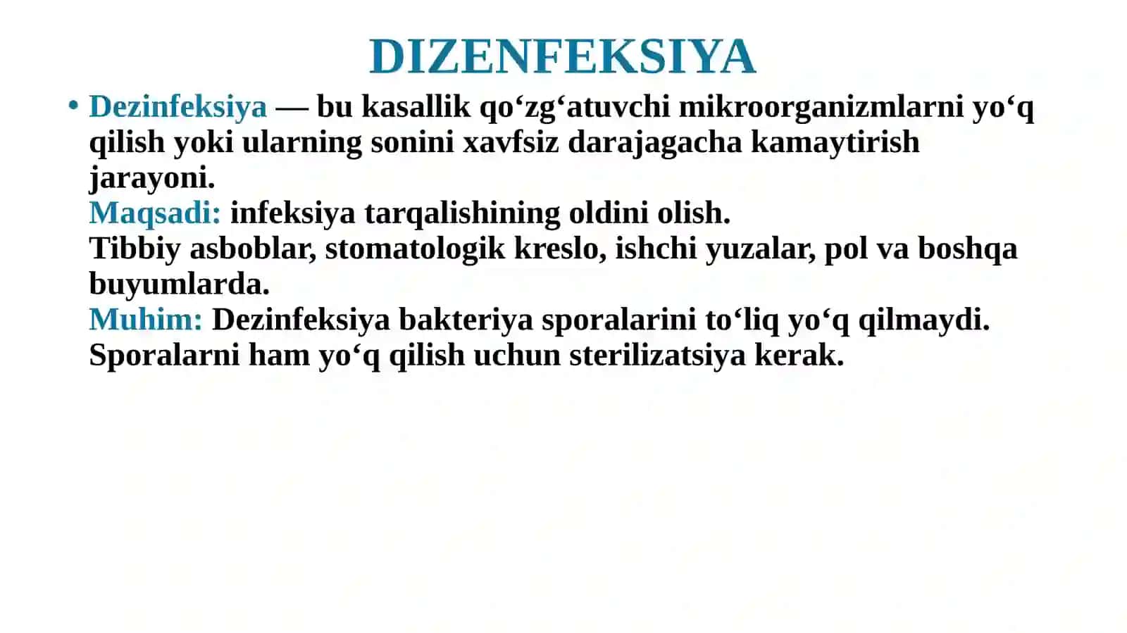 Stomatologiya boʻlimida dizenfeksiya qilish va sterilizatsiya qilish haqida. 3
