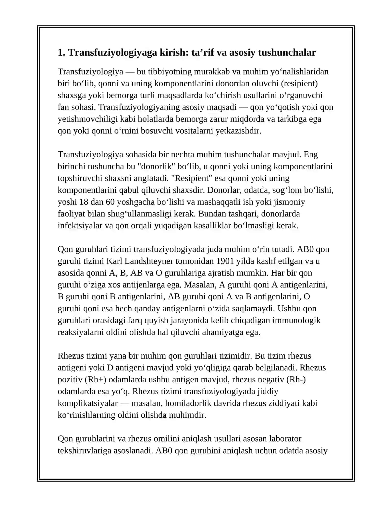 TRANSFUZIOLOGIYAGA KIRISH. DONORLIK ASOSLARI. AB0 QON GURUHI TIZIMI VA RHEZUS TIZIMI. QON GURUHLARINI VA RHEZUS OMILINI ANIQLASH USULLARI 3