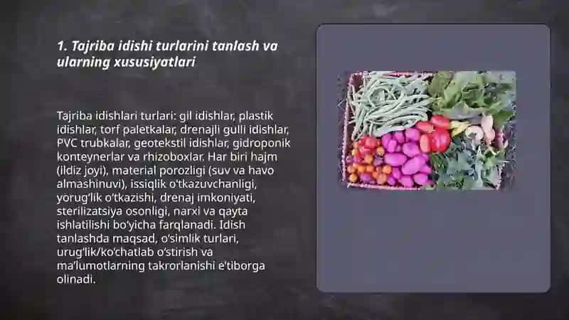 Vegetatsiya tajribalari uchun idish, tuproq, o'g'it tayyorlash va tajribani yoʻlga qo'yish 3
