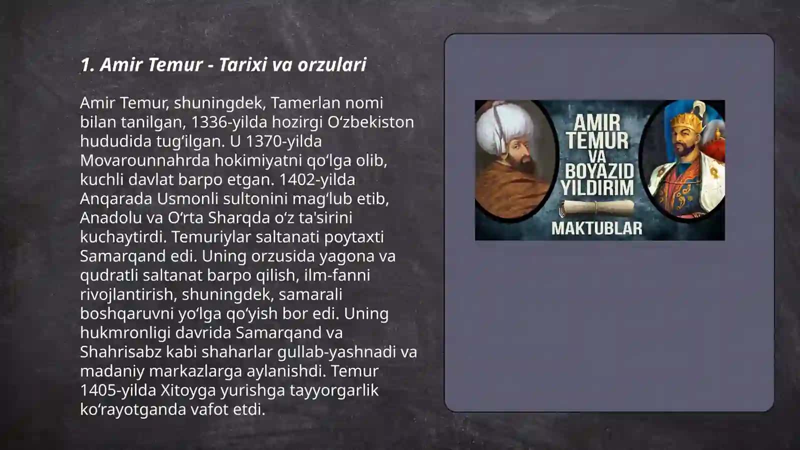 Olim Xoʻjayev nomli 1-sonli maktabning 8-"B" sinf oʻquvchisi Shamsiddinov Azizbekning Oʻzbekiston tarixidan loyiha ishi 3