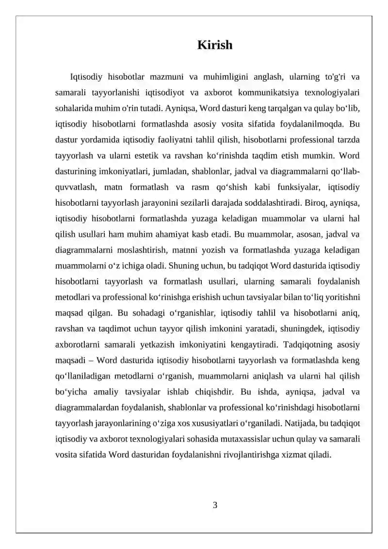 MUSTAQIL ISH - WORD DASTURIDA IQTISODIY HISOBOTLARNI TAYYORLASH VA FORMATLASH USULLARI 3