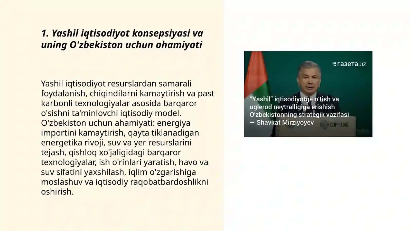 Yashil iqtisodiyotning ahamyati va O’zbekiston ekalogiyasiga tasiri 3