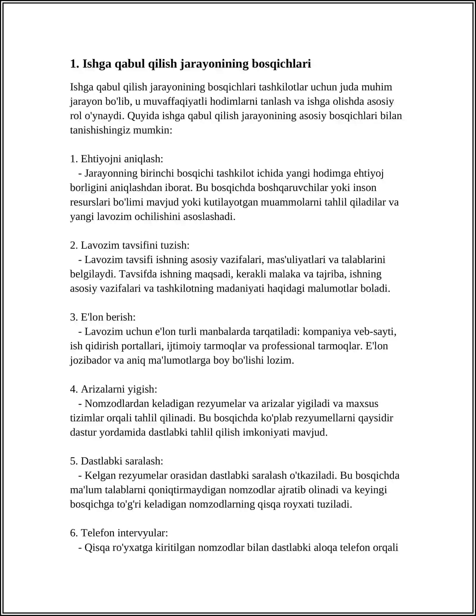 ISHGA QABUL QILISHNI TASHKIL ETISH. KADRLARNI TANLASH MEXANIZMLARI 3