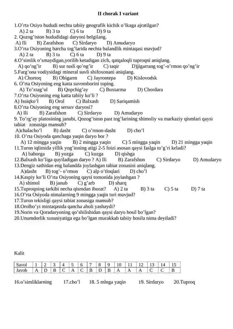 7 sinf geografiya I chorak I variant 3