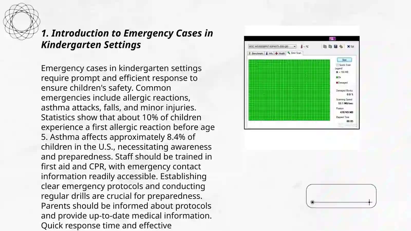 Make a report of a doctor writing the emergency case happened in one of following areas: kindergaden. Provide the details, degrees and types of injuries. Propose possible treatment 3