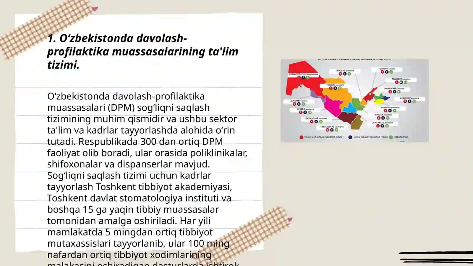 Reja: 1. Oʻzbekistonda davolash-profilaktika muassasalarining ta'lim tizimi 3