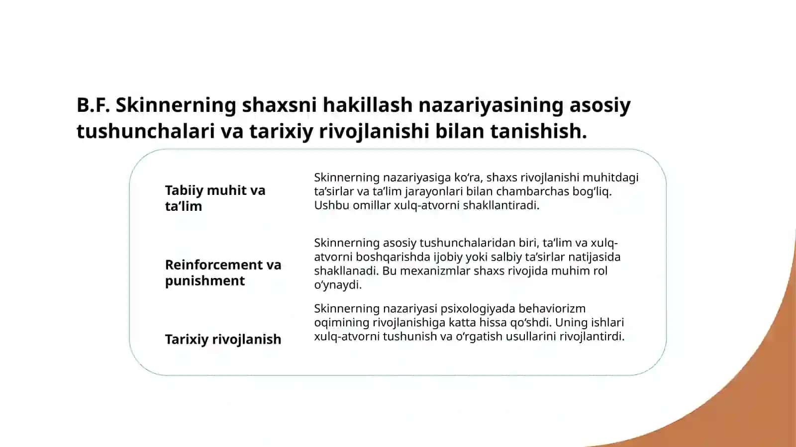 B.F Skinnerning shaxsni hakillanishi tushuntirish nazaryasi 3