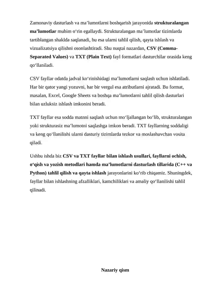 Fayllarni strukturalangan ma’lumotlar bilan ishlash (CSV, TXT) 3