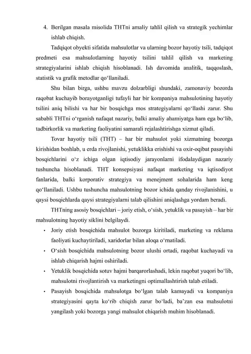 TOVAR HAYOTIY TSIKLINI TAHLIL QILISH VA BERILGAN MASALAGA ANIQ YECHIMLAR ISHLAB CHIQISH” 3