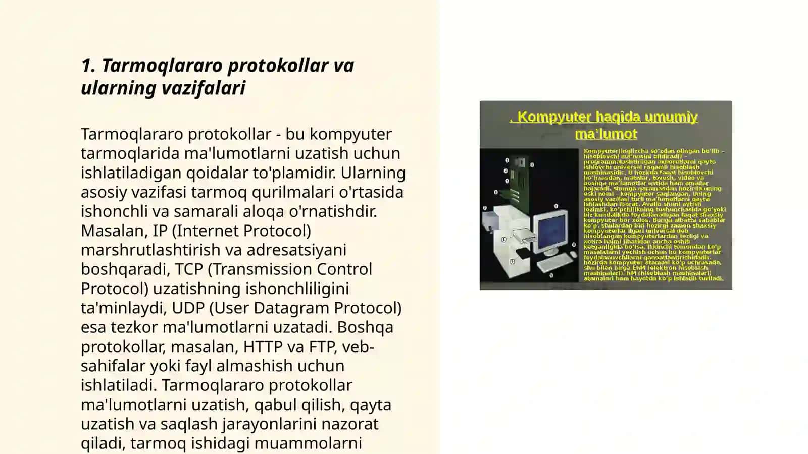 Tarmoq protokollari.Tarmoq sathi.Tarmoq sathi vazifalarini va tarmoq texnologiyalarini oʻrganish.Tarmoqlararo oʻzaro ishlash va qurilmalar tavsifi:takrorlagichlar,konsentratorlar,marshrutizatorlar,koʻpriklar,kommutatorlar va shlyuzlar.IPv4 protokolining tuzilishi.Manzillash:Internet- manzili,sinfli manzillash 3