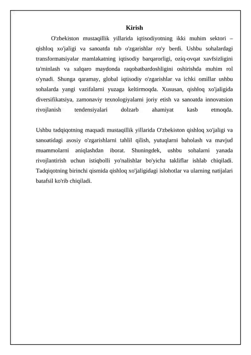 Qishloq xo'jaligi va sanoatdagi islohotlar: Mustaqillik yillaridagi o'zgarishlar 3