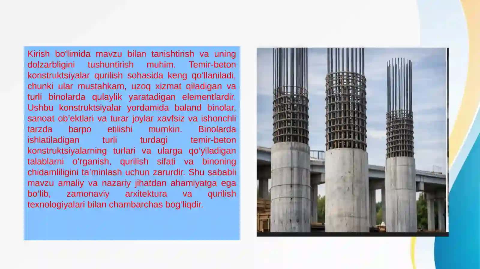 Binolarda ishlatiladigan temir beton konstruksiya turlari va ularga qoyiladigan talablar 3