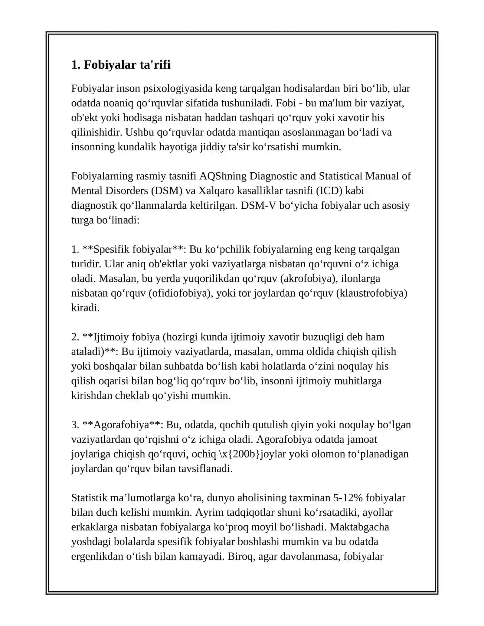 FOBIYALARNING YUZAGA KELISHI, FOBIYA TURLARI 3