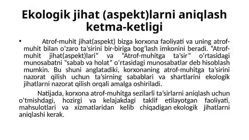 Ekologik jihatlar bilan bog‘liq ekologik ta’sirlarning ahamiyatini baholash 3