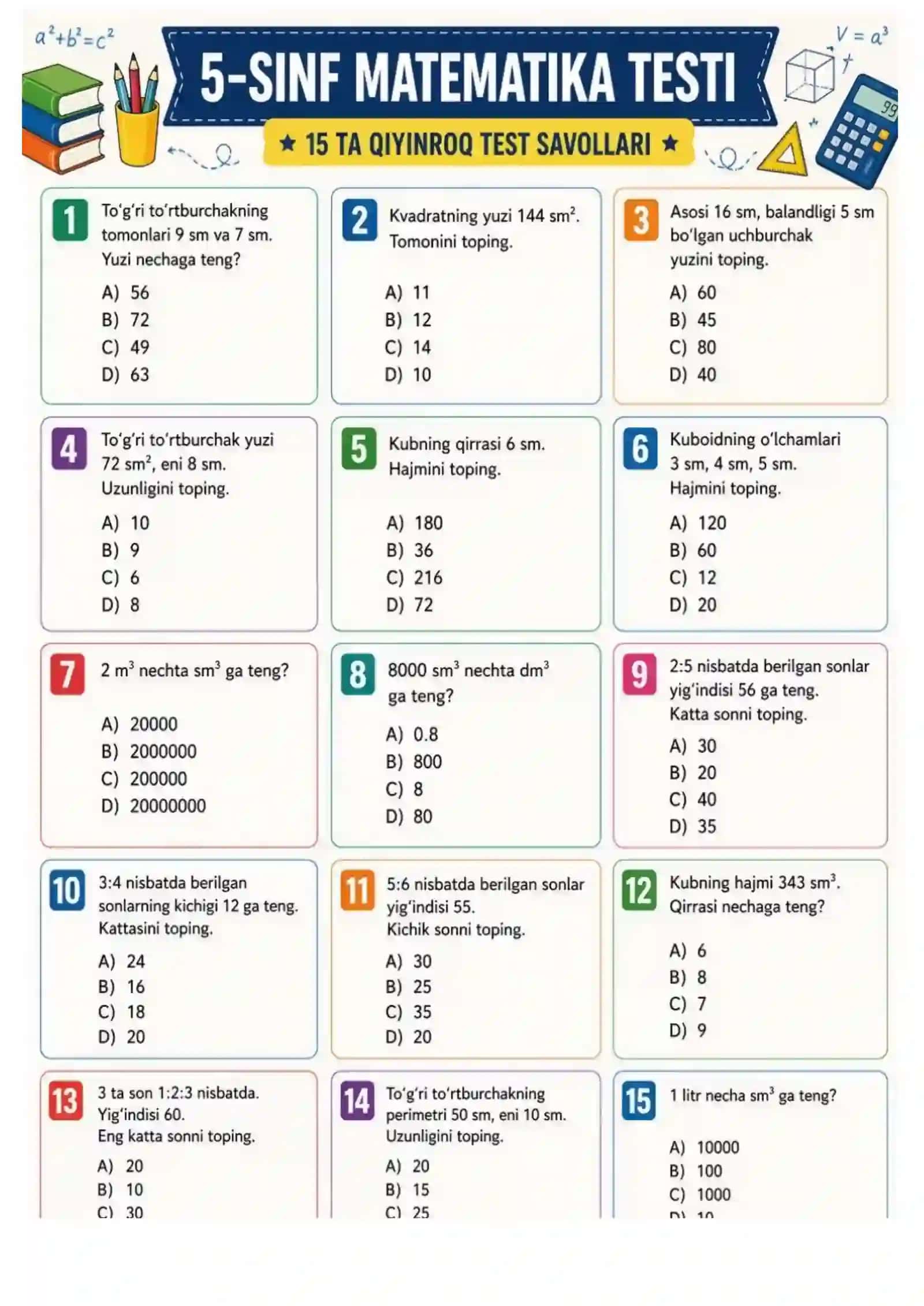 5- sinflar uchun Aha matematika kitobidan 1-2-3-4 - choraklar uchun testlar 3
