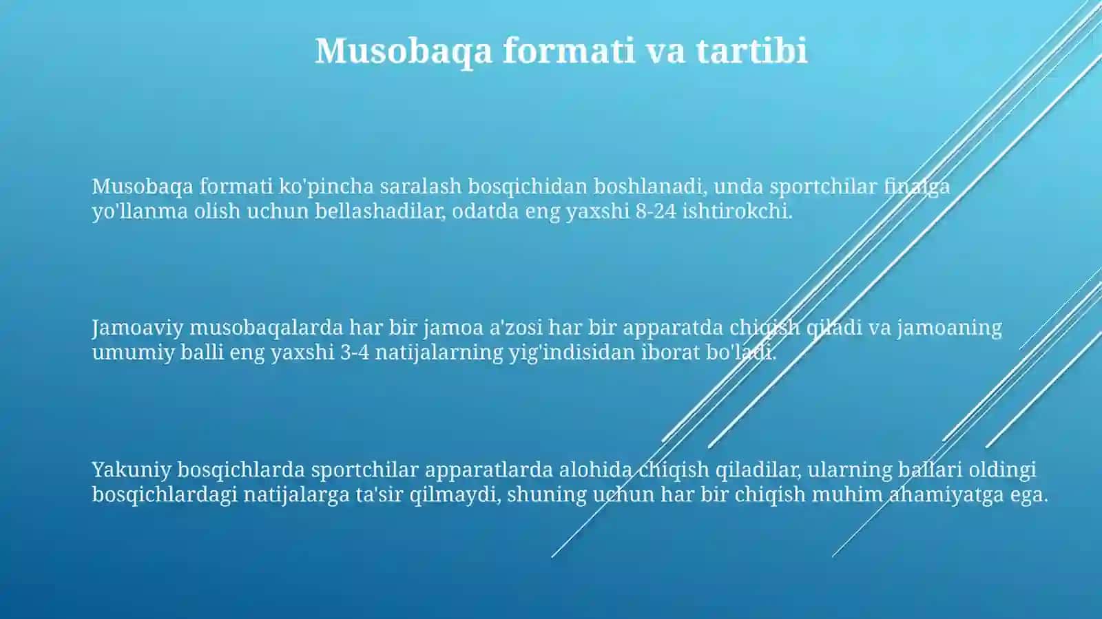 Gimnastika musobaqa nizomiga izoh bering 3