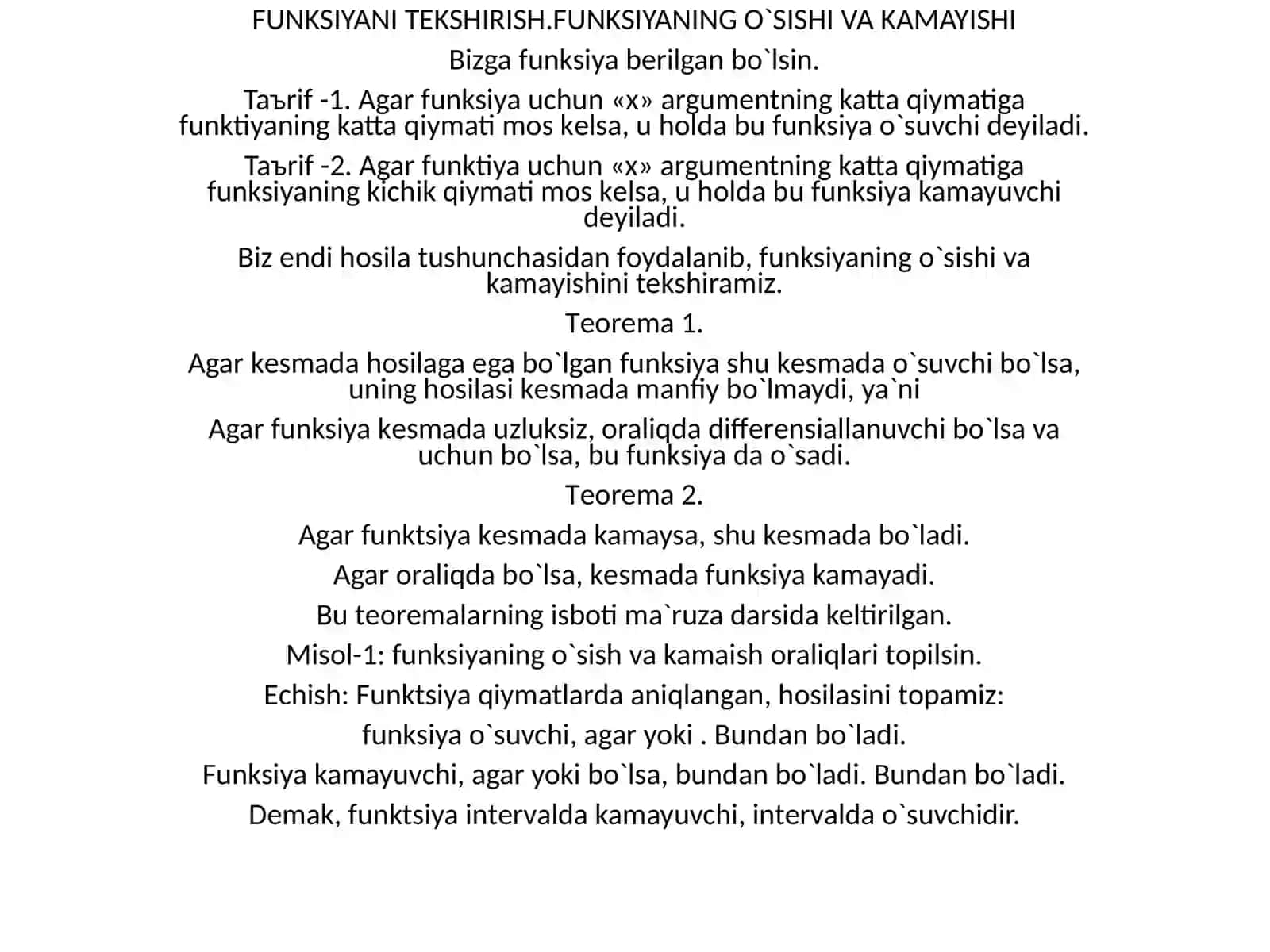 FUNKSIYANI TЕKSHIRISH.FUNKSIYANING O`SISHI VA KAMAYISHI 3
