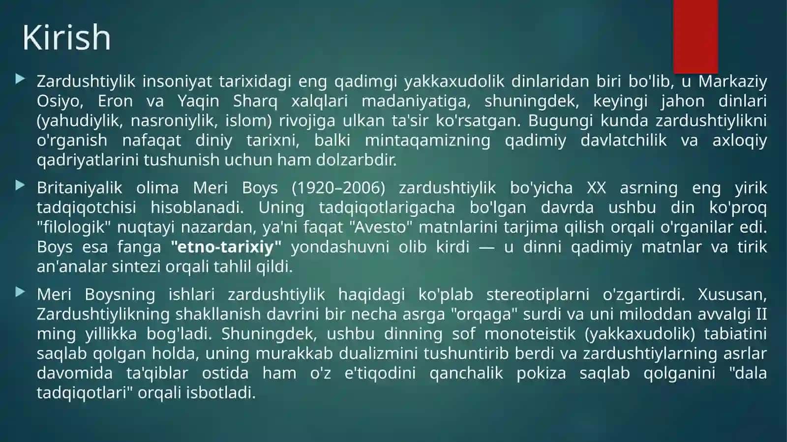 Meri Boysning zardushtiylik dini tarixi bo'yicha amalga oshirgan ilmiy tadqiqotlari 3