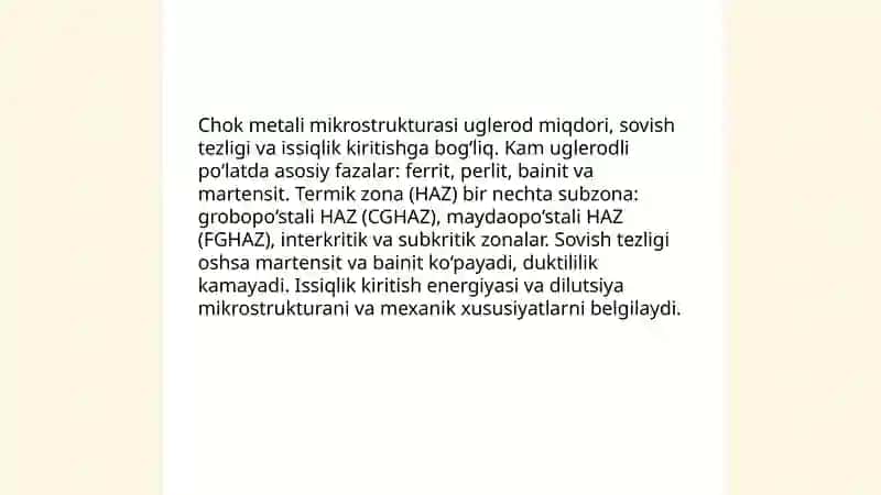 Kam uglerodli po‘latni payvandlashda chok metalining mikrostrukturasi va termik zonasi ta’sirlanishi 3