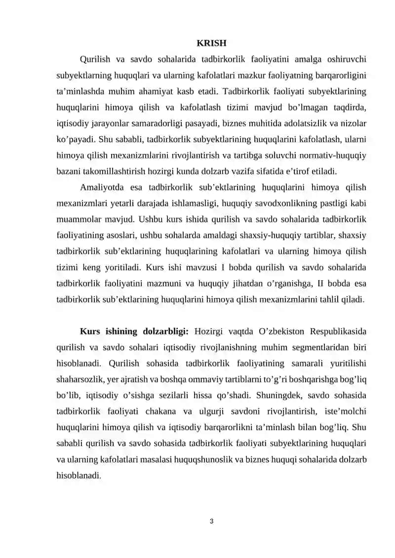 Qurilish va savdo sohalarida tadbirkorlik faoliyatini amalga oshiruvchi subyektlarning huquqlari va ularning kafolatlari 3