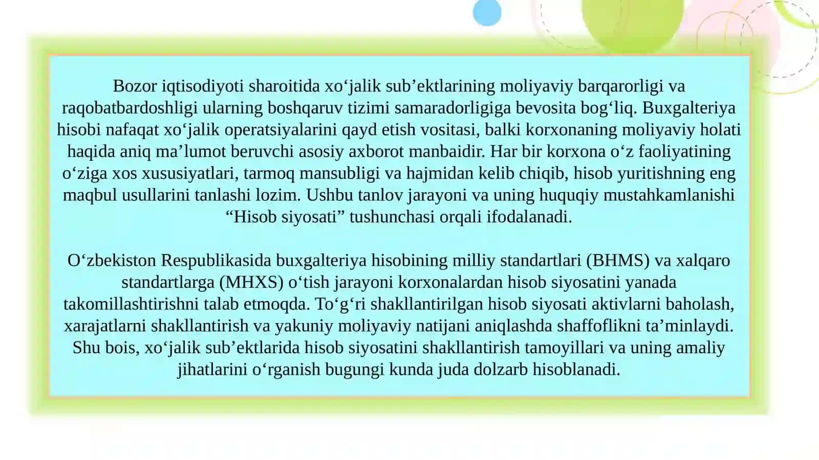 Xo‘jalik sub’ektlarida hisob siyosatini shakllantirish SLAYD 3