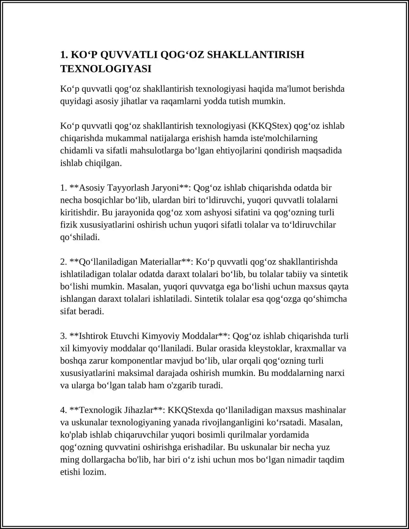 KOʻP QUVVATLI QOGʻOZ SHAKLLANTIRISH TEXNOLOGIYASI 3