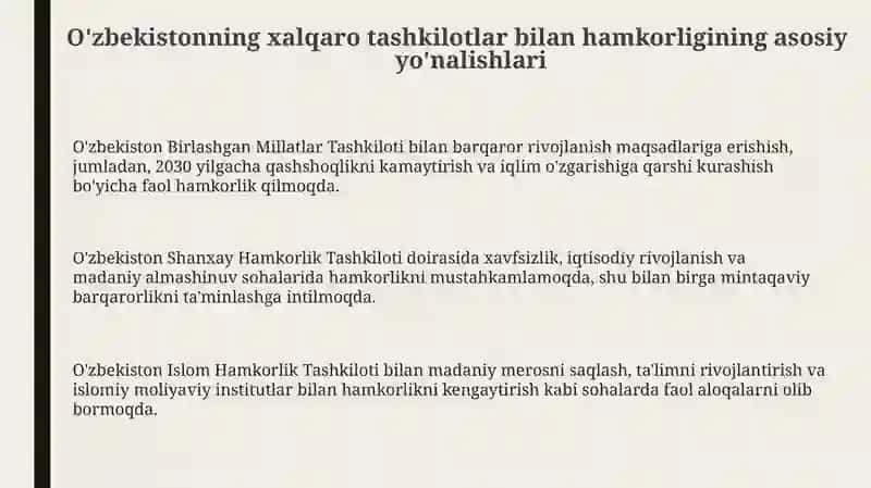 O'zbekistonning xalqaro tashkilotlar bilan hamkorligi 3