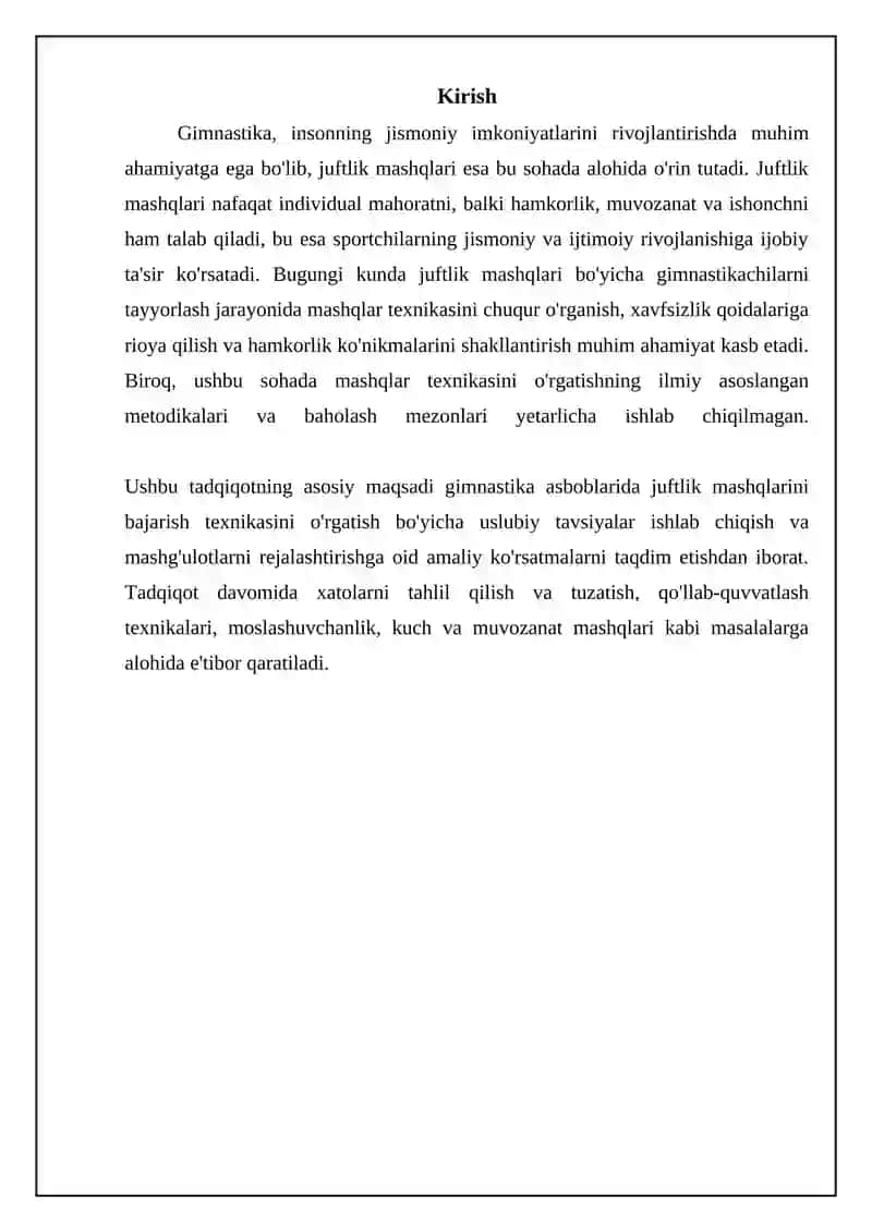 Juftlikda bajariladigan URM. Gimnastika snaryatlarida bajariladigan mashqlar texnikasini o’rganish 3