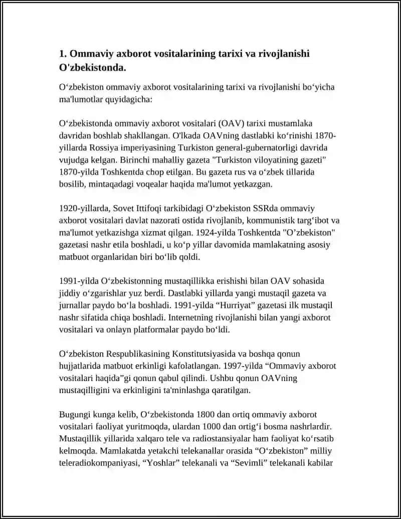 O'zbekiston Respublikasida Ommaviy Axborot Vositalarining Faoliyati 3