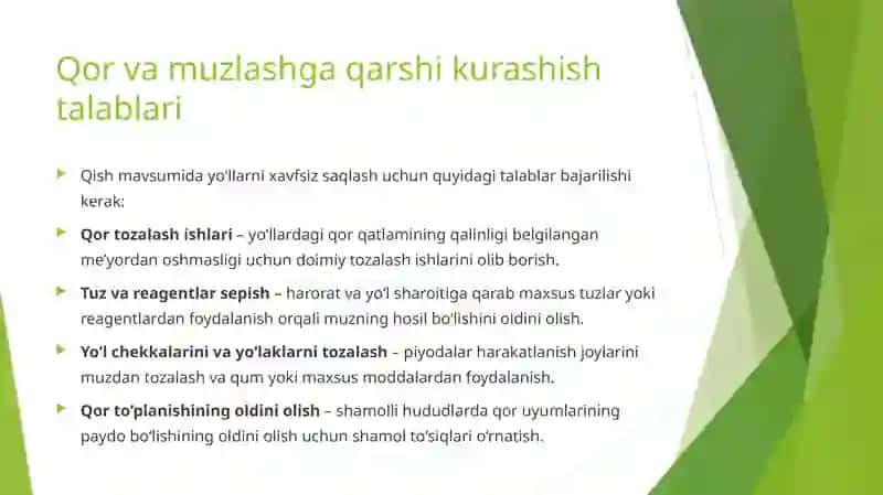Yo'llarga qishgi saqlashga qo'yilgan talablar. 3
