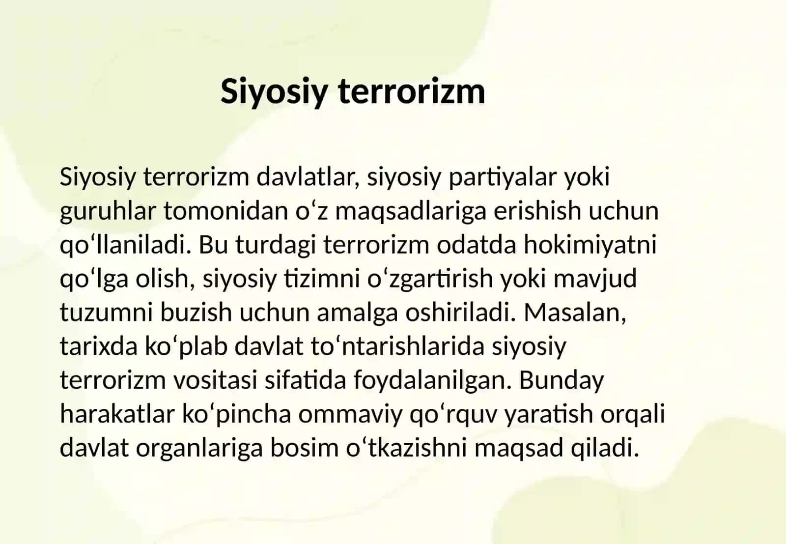 Terrorizmning turlari (siyosiy, iqtisodiy, ijtimoiy, diniy). 3