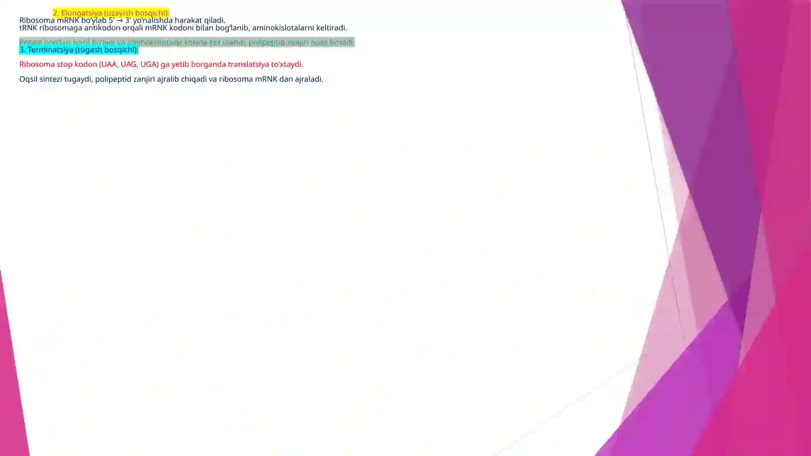 Oqsil biosintezi (translyatsiya). Genlar almashinuvini boshqarilishi 3
