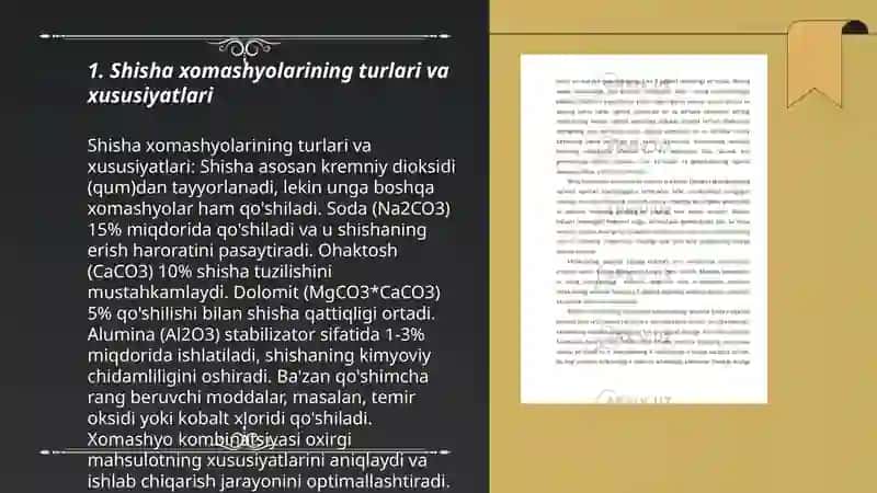 Shishaning tuzilishi, tarkibi, xossalarini o‘rganish. Keramika va elektrotexnik materiallarga ishlov berish texnologiyasini o‘rganish 3