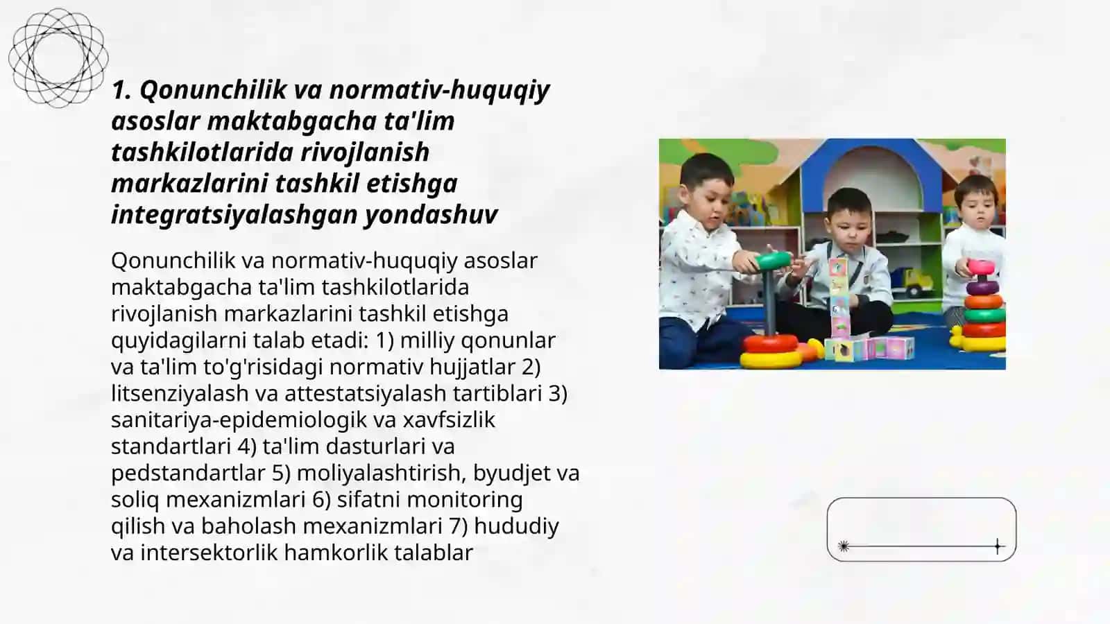 Maktabgacha taʼlim tashkilotlarida rivojlanish markazlarini tashkil etishga integratsiyalashgan yondashuv Muyassar 3