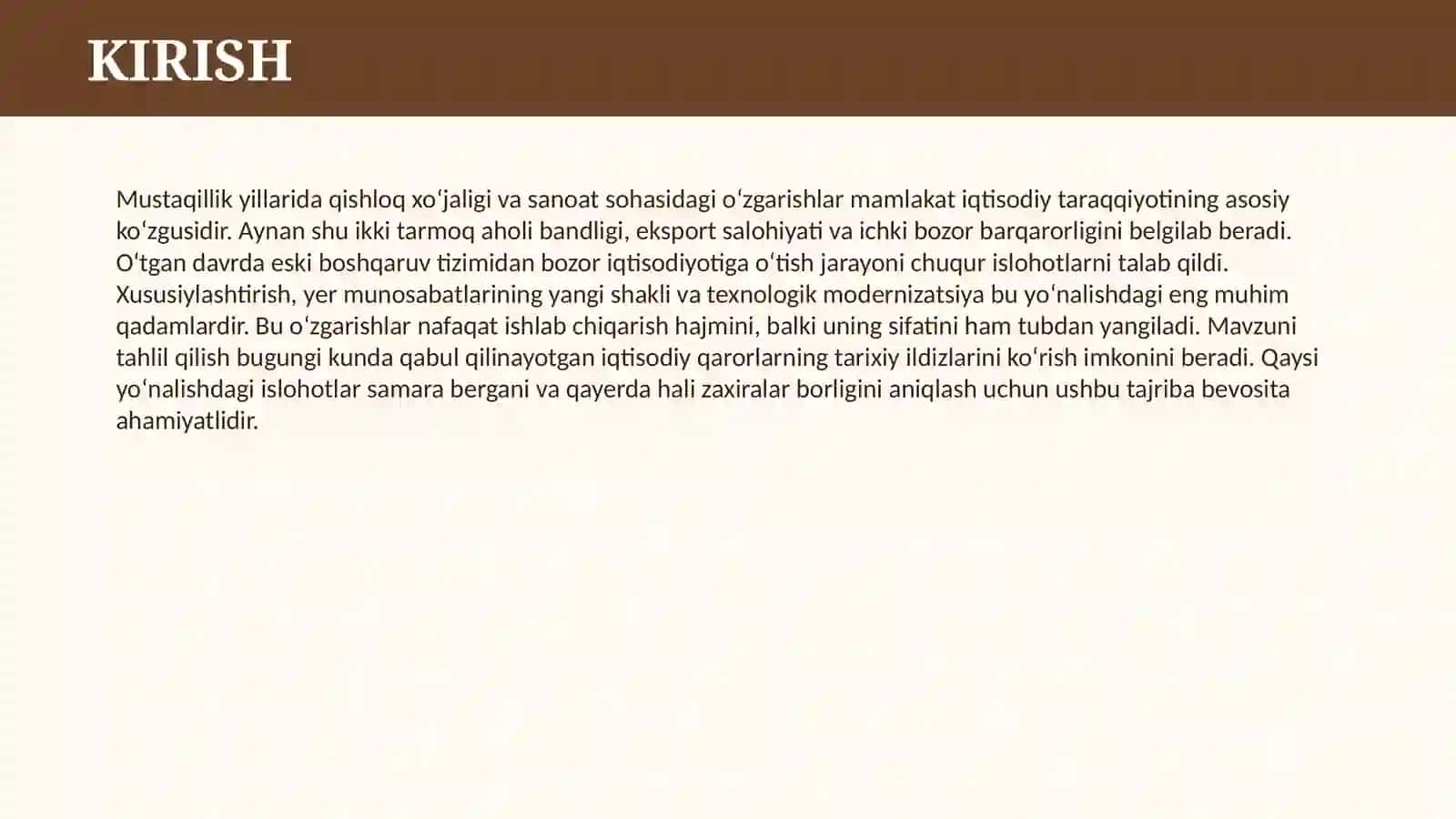 MUSTAQILLIK YILLARIDA QISHLOQ XO’JALIGI VA SANOAT SOHASIDAGI O’ZGARISHLAR 3