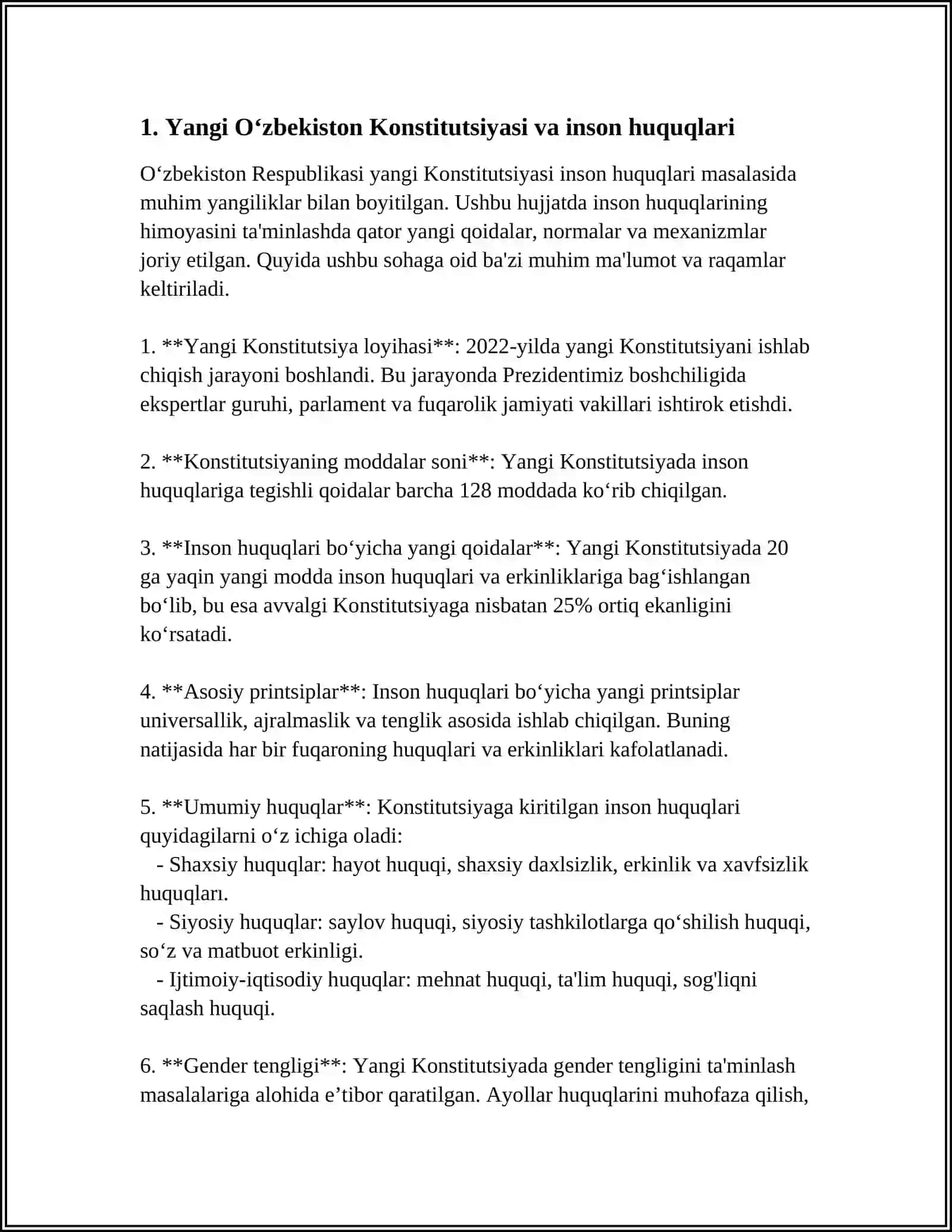 REFERAT: YANGI OʻZBEKISTONDA INSON HAQ-HUQUQLARI VA ERKINLIKLARINI KAFOLATINING YARATILISHI 3