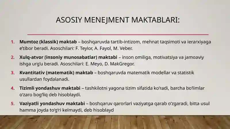 Menejment maktabi. Sog’liqni saqlash sohasida menejmentning o’rni. Boshqaruv jarayonlarining asosiy funksiyalari. Sog’liqni saqlash tizimi boshqaruvining asoslari. 3